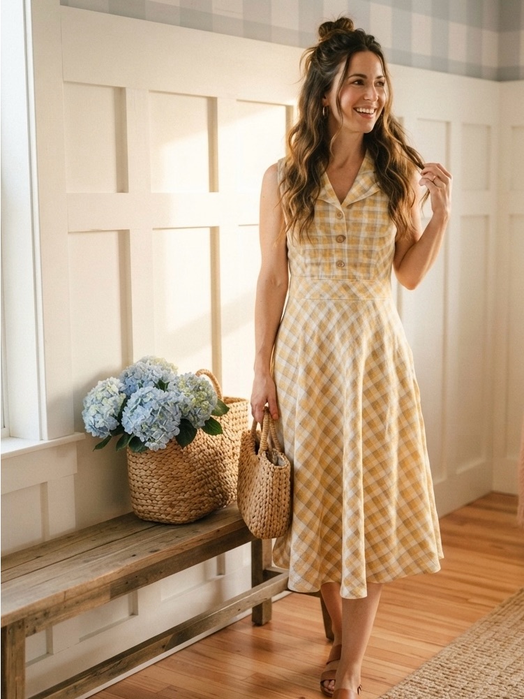 And Yellow Cotton Blend Plaid Sleeveless Collared Midi Dress 14